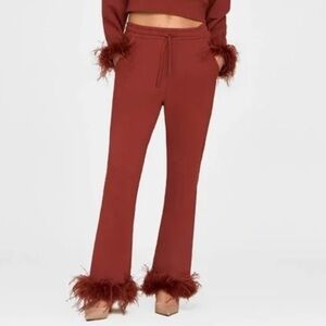 New The Noli Shop Rada Feather Trim Jogger Pants Dark Red NWT Athleisure Medium